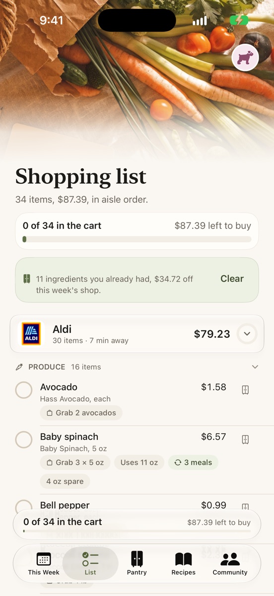 Shopping list: 34 items in aisle order, with what you already have taken off