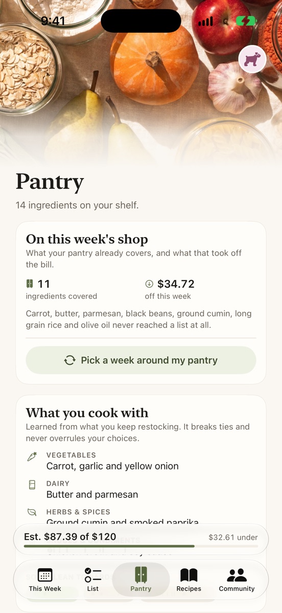 Pantry: 11 ingredients already on the shelf, $34.72 off this week